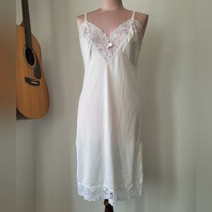 Vintage White Satin Nylon Dress Slip 36 Lace Trim